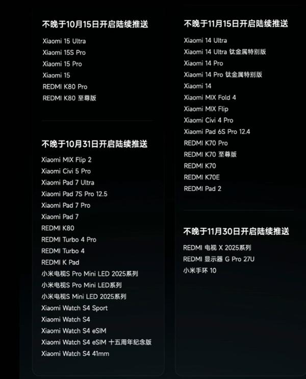 小米澎湃OS 3正式版推送计划公布,15系列10月可升级